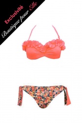 Maillot de bain deux pièces bandeau froufrous corail imprimé fleurs