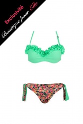 Maillot de bain bikini imprimé fleurs bandeau vert fluo