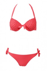 Bikini femme push up corail fluo avec strass