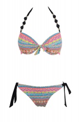Maillot de bain noir push up à boules imprimé aztèque